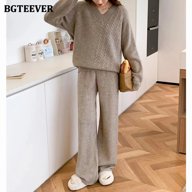 BGTEEVER Casual Warm Ladies Knitted Tracksuits V-neck Long Sleeve Sweaters Tops & High Waist Wide Leg Trousers Autumn Winter