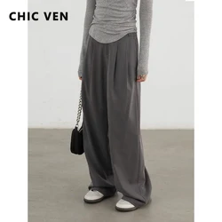 CHIC VEN Women Pant Solid Loose New Low Waist Wide Leg Female Trousers Woolen Pants Sports Autumn 2024
