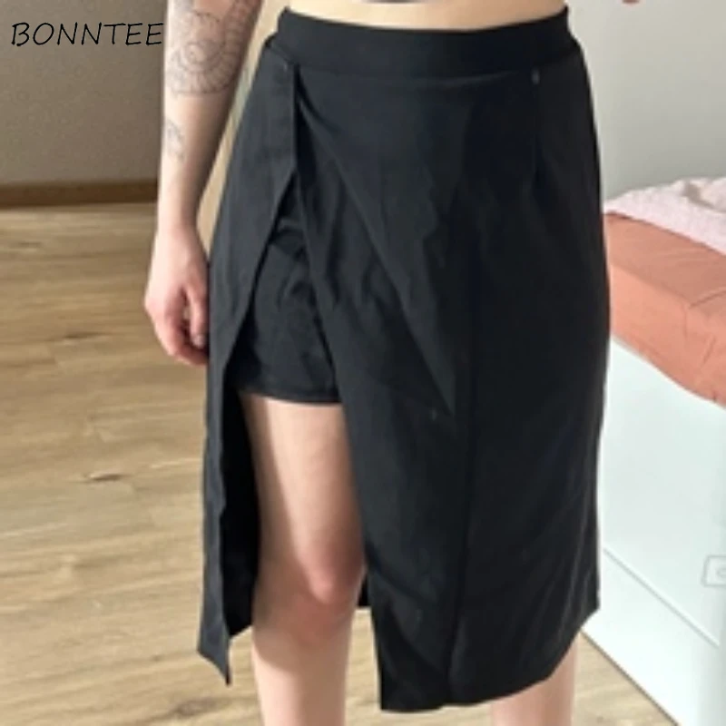 Midi Skirts Women Side-slit Solid 2024 New Fashion All-match Spring Summer Faldas Lady A-line High-waisted Tender Elegant Chic