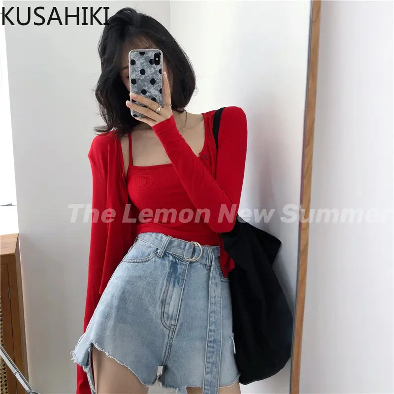 

KUSAHIKI 2023 New Two Pieces Women Top Sets Basic Slim Bottoming Sling Vest + Long Sleeve O-neck Short Cardigan Coat Female