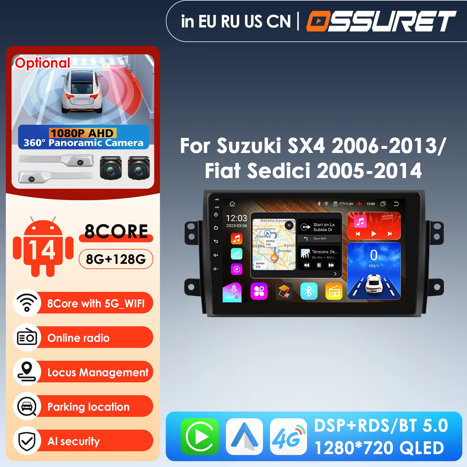 9inch 7862 8Core 360°Camera 4G LTE CarPlay Android Auto Car Multimedia Player for Suzuki SX4 2006-2013 Fiat Sedici 2005-2014 GPS