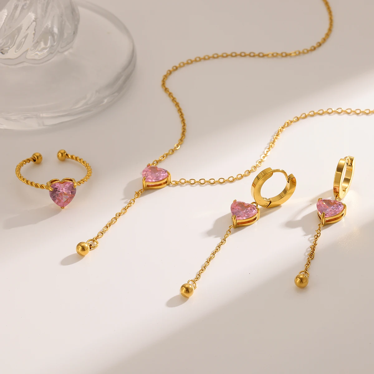 

Sweet Romantic Heart Zircon Pendant Necklace Ring Earrings set for Women 18K Gold Plated Stainless Steel Cable Chain Jewelry Set