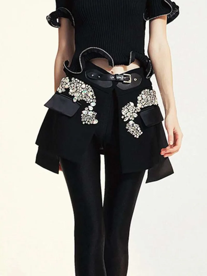2024 Women's Fashion Bead Patchwork PU Leather Girdle Temperament Streetwear Above Knee Black Skirt Autumn Female New 9I23