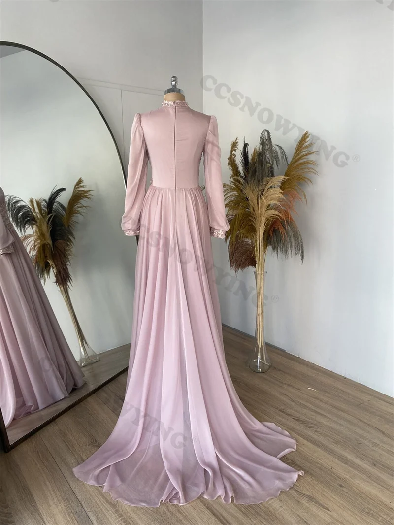 Full Sleeve Muslim Evening Dresses Arabic Dubai Chinffon Appliques Hijab Islamic Prom Formal Party Gown A Line Moroccan Caftan