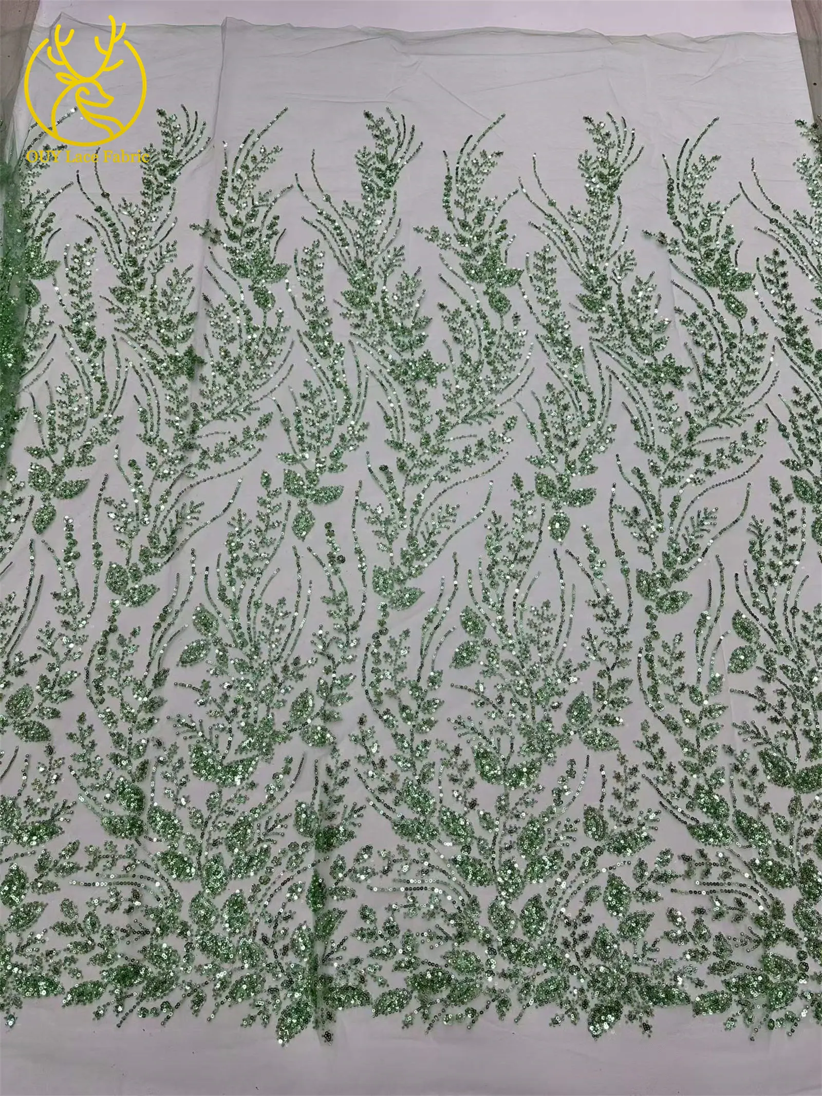 5 Yards grüner afrikanischer Spitzenstoff, hochwertige französische Pailletten, Perlenstickerei, Tüllspitze für nigerianische Frauen, Abendkleid – Detail 14