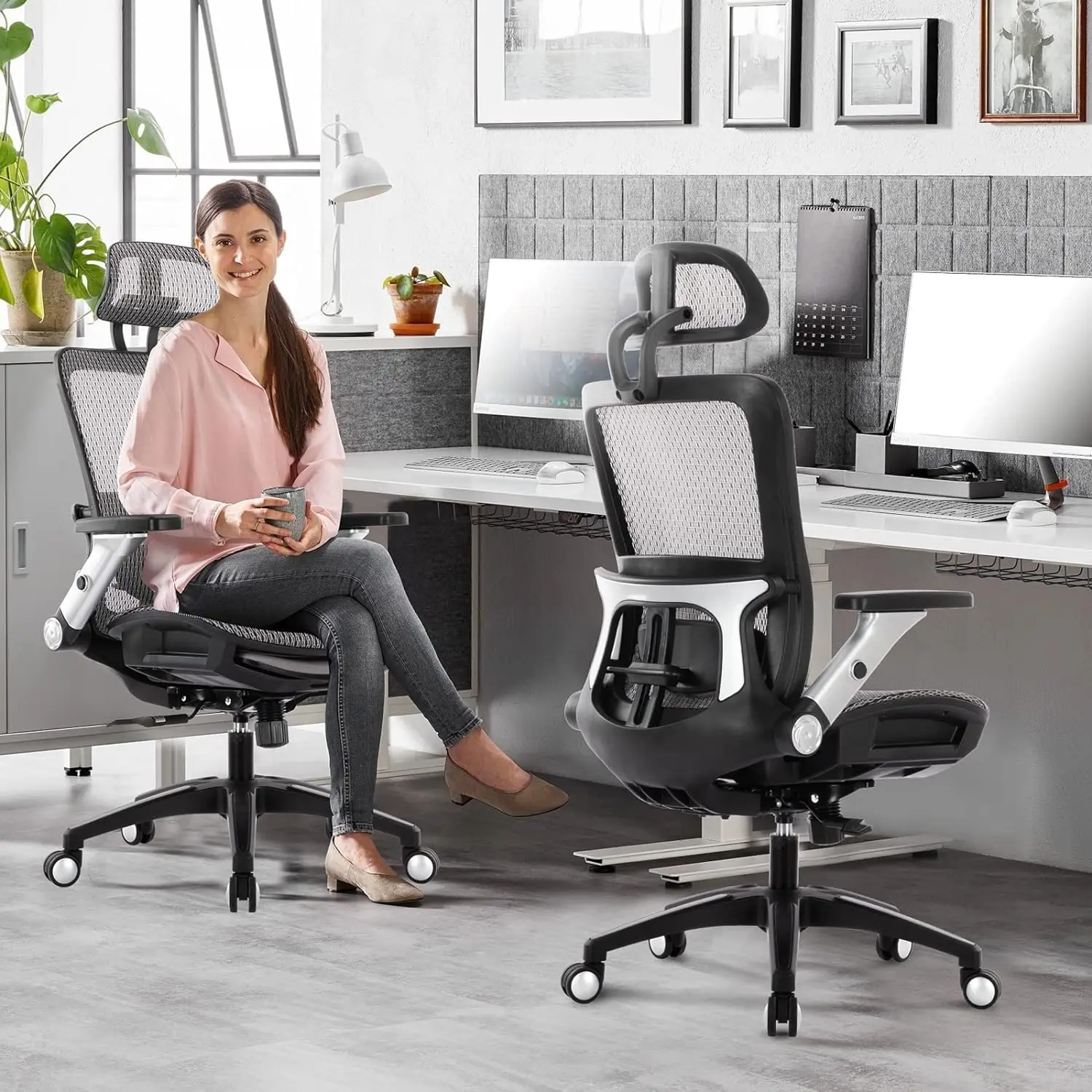 Chaise de bureau ergonomique en maille avec repose-pieds, chaise de bureau de direction à dossier haut, avec repose-sauna et accoudoirs rabattables 4D, pour sœur