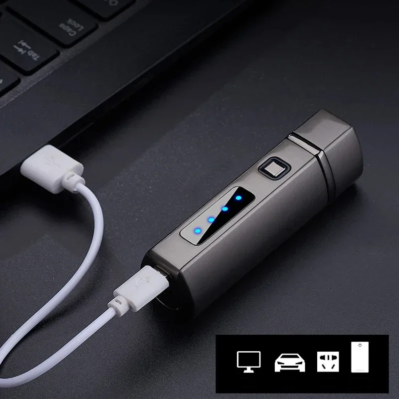 New Touch Sensing Metal Outdoor Windproof Electric USB Lighter Turbo Three Torch Blue Flame Gas Lighter Cigar Tool  Men\'s Gifts