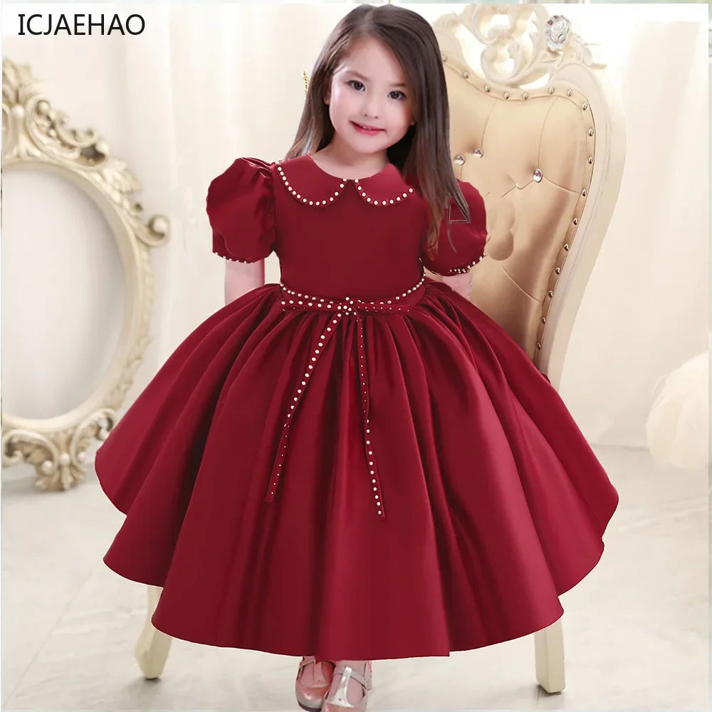 2025 Flower Girl Vintage Dress Children Formal Red Ball Gown Kid Lace Long Evening Bridesmaid Prom Dresses for Wedding Party