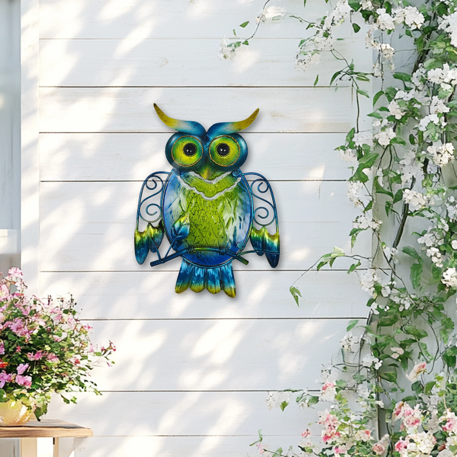 Metal Owl Wall Decor - Outdoor Wall Art - Glass Hanging Garden Owl Decor for Patio, Porch or Door, Owl Gifts