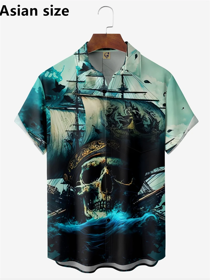

Men's Hawaiian Shirts Vintage Ship Graphic 3D Printed Short Sleeve Shirt Summer Trendy Loose Beach Shirts Unisex Blouse