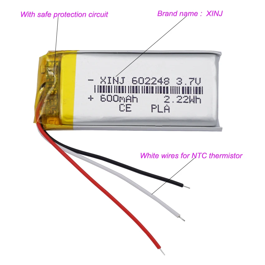 Bateria Recarregável Lipo de Substituição de Polímero, Termistor NTC, 3 Fios, 3.7V, 600mAh, 602248, JST, 3Pin, 1.0mm, 1.25mm, 1.5mm, 2.0mm, 2.54mm, PCes 2