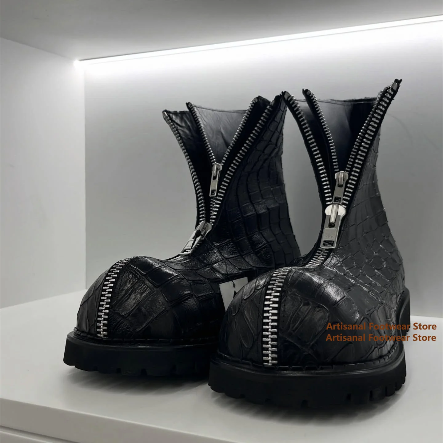 

Black Croc Embossed Leather Front Zip Ankle Boots Round Toe Thick Platform Sole Gothic Mid Calf Boots Trendy Men's Boots
