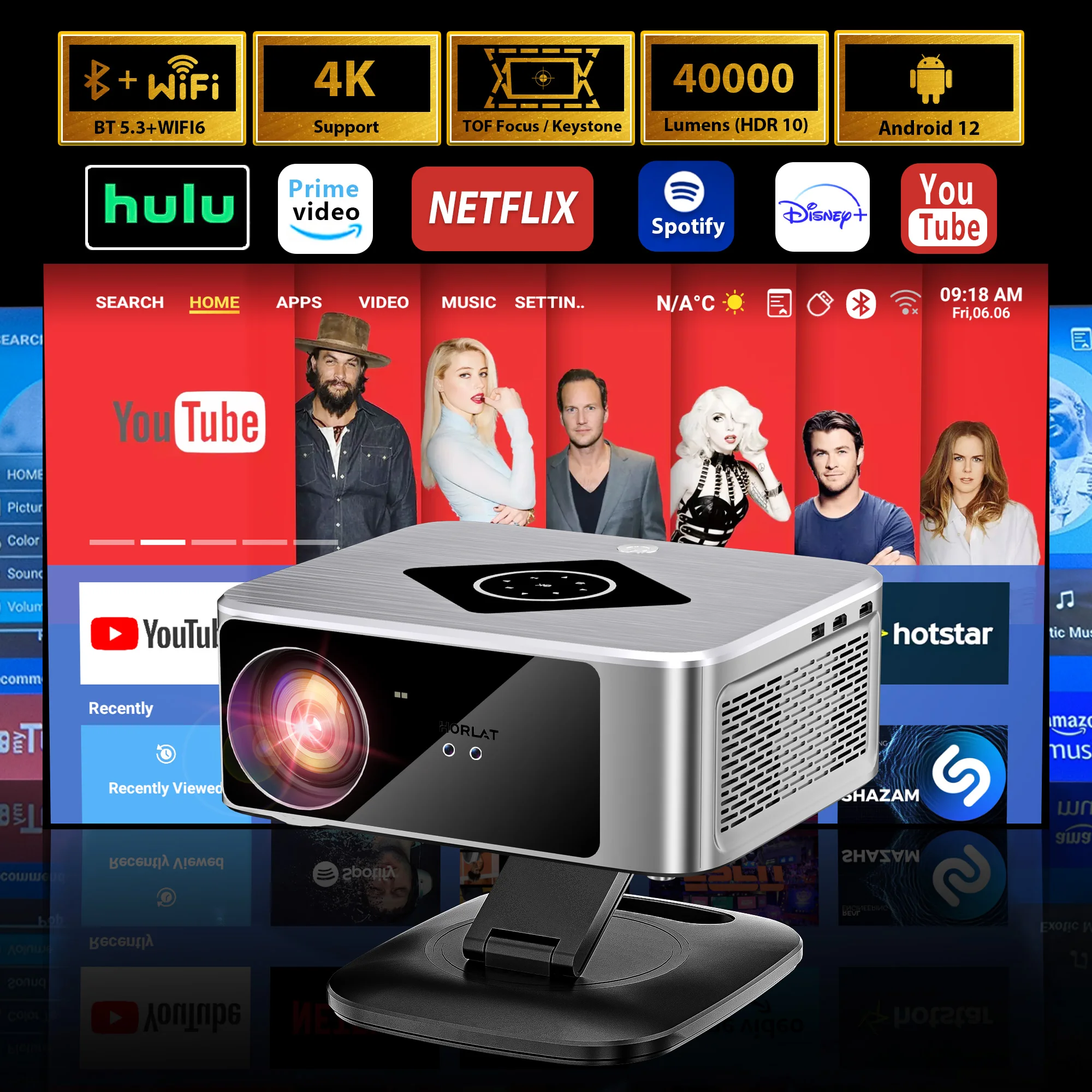 

Horlat Projector 40000 Lumens Full HD 1080P Projector 4K Support Android12 WiFi 6 Home 3D Theater Beamer Outdoor Projector HDR10