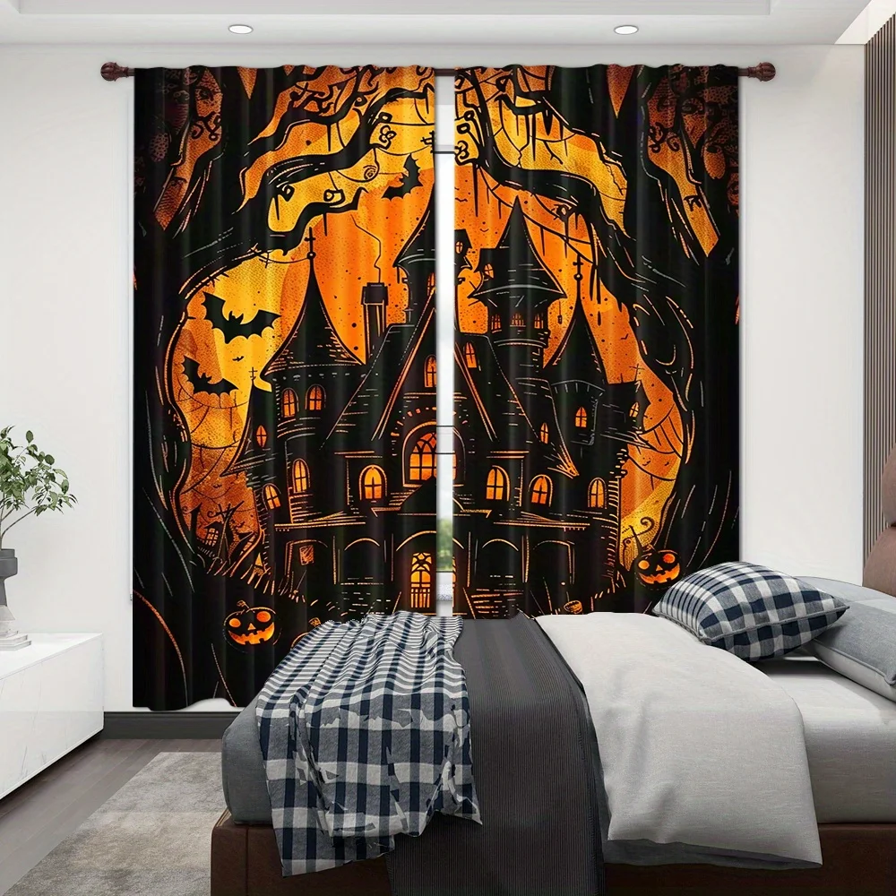 Halloween Haunted House Curtains Spooky Gothic Castle Window Drapes Orange Black Horror Decor, Blackout Fabric for Bedroom Party