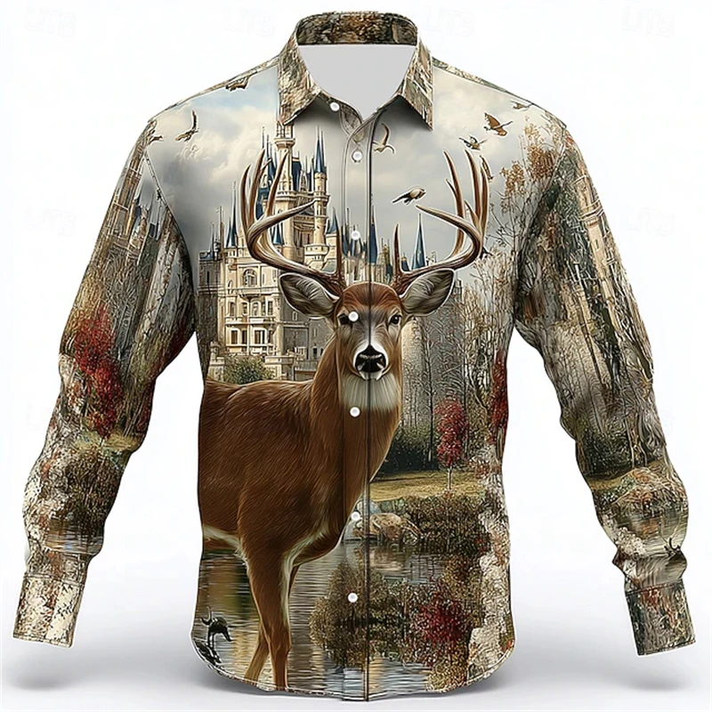 

Autumn New Men's Reindeer Castle Hunting Shirt Retro Outdoor Loose Button Long-sleeved Shirt Men Fashionable Travel Long-sleeved