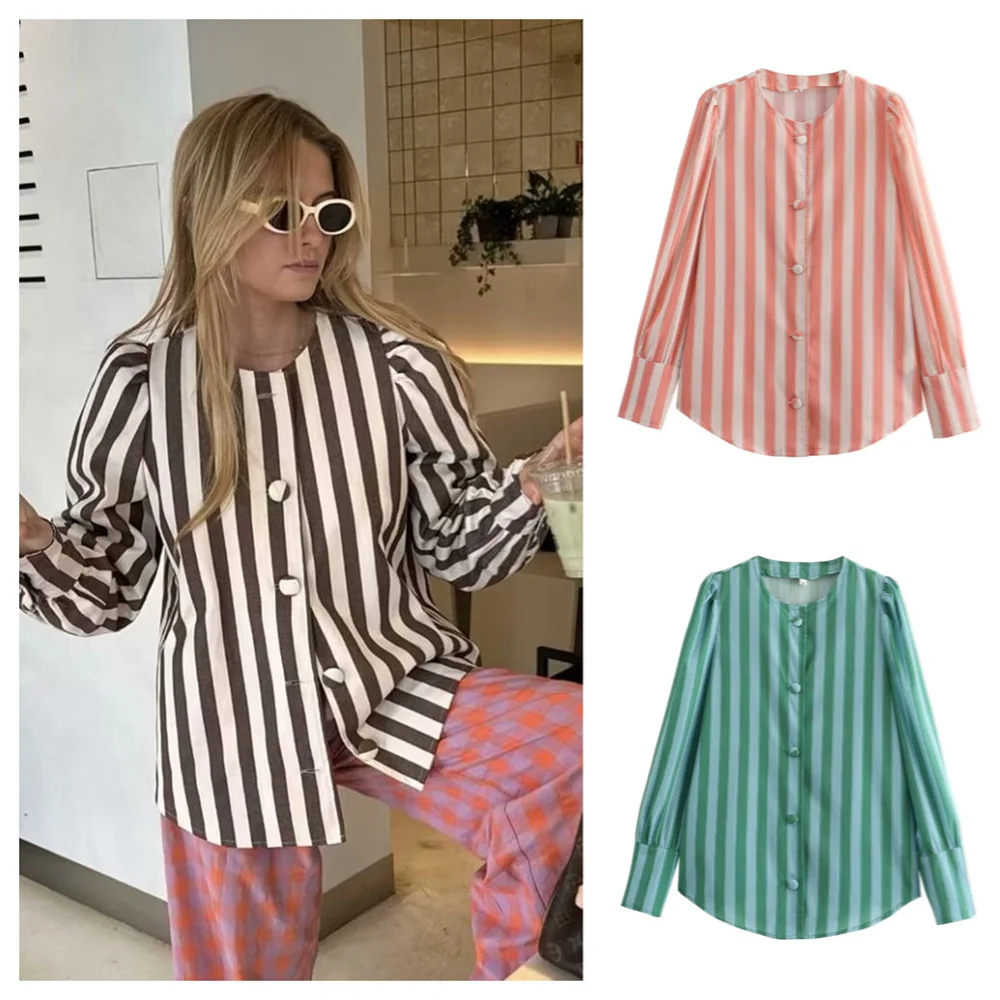 PB&ZA 2024 Spring New Women\'s Fashion temperament casual loose versatile striped patchwork shirt top