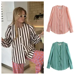 PB&ZA 2024 Spring New Women's Fashion temperament casual loose versatile striped patchwork shirt top