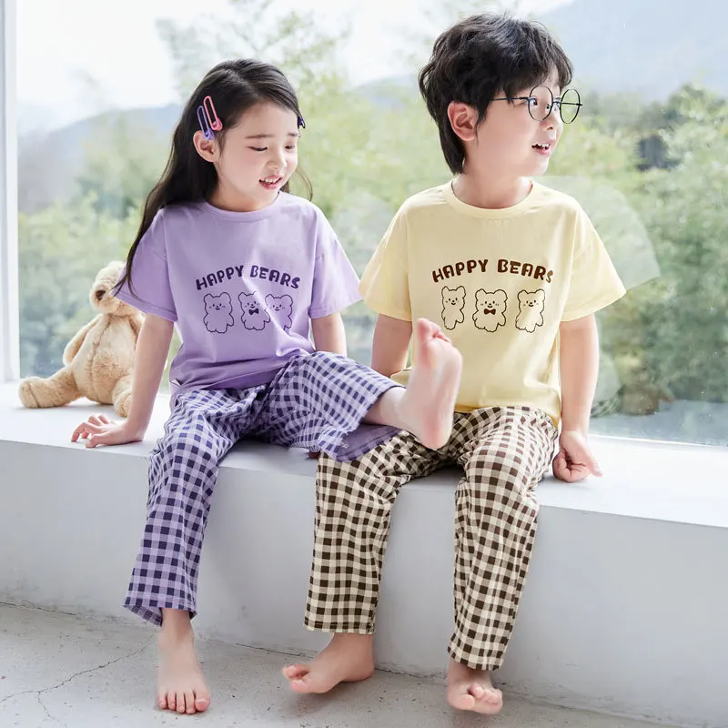 New Children's Summer Homewear Suit Thin Section Lycra Cotton Pyjamas For Men And Women In The Children's Short-Sleeved Trousers