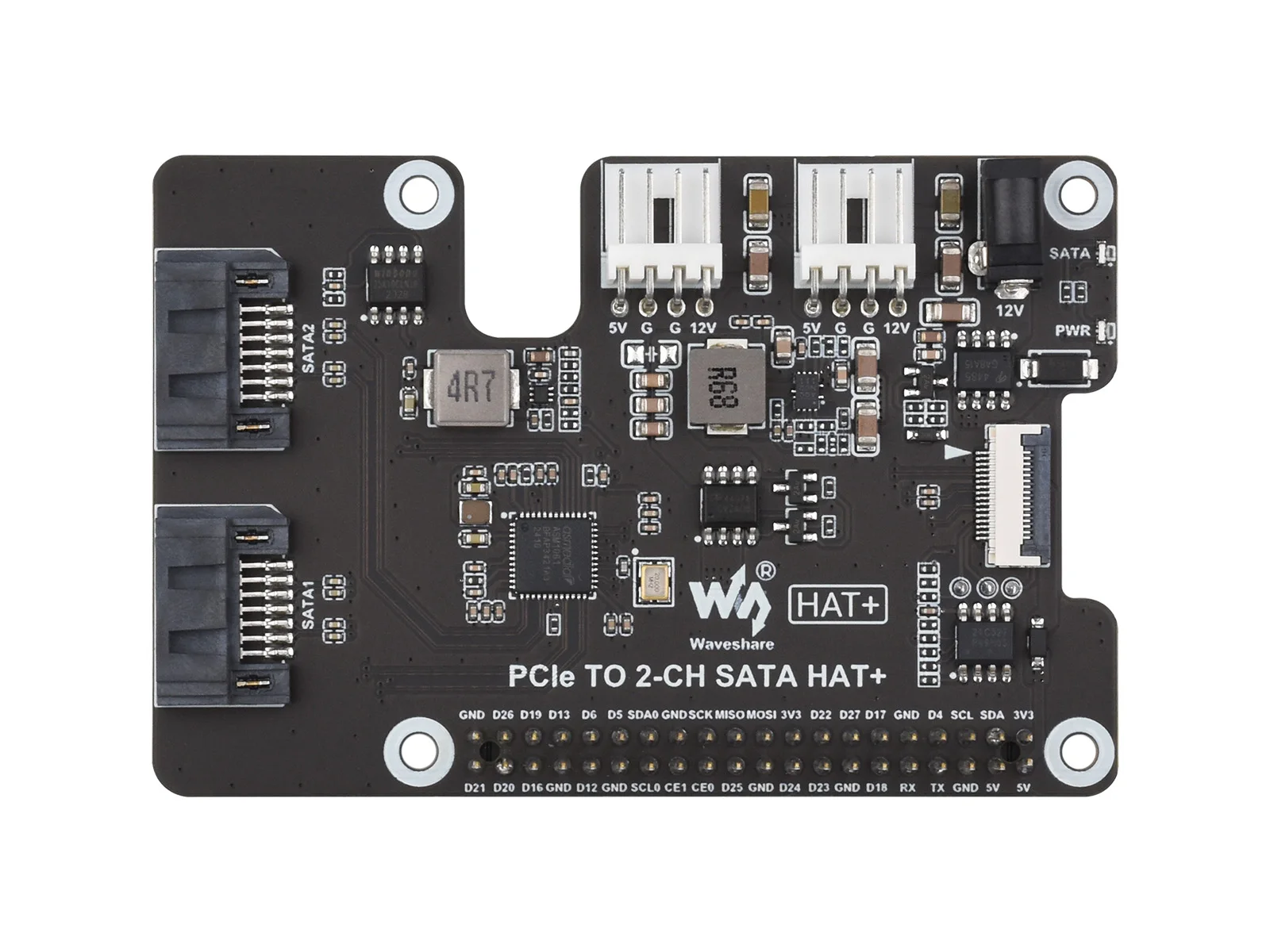 PCIe TO 2-CH SATA HAT+,For Raspberry Pi 5,Supports SATA Hard Drive Protocol,Onboard Dual LED Indicators And EEPROM,Plug And Play