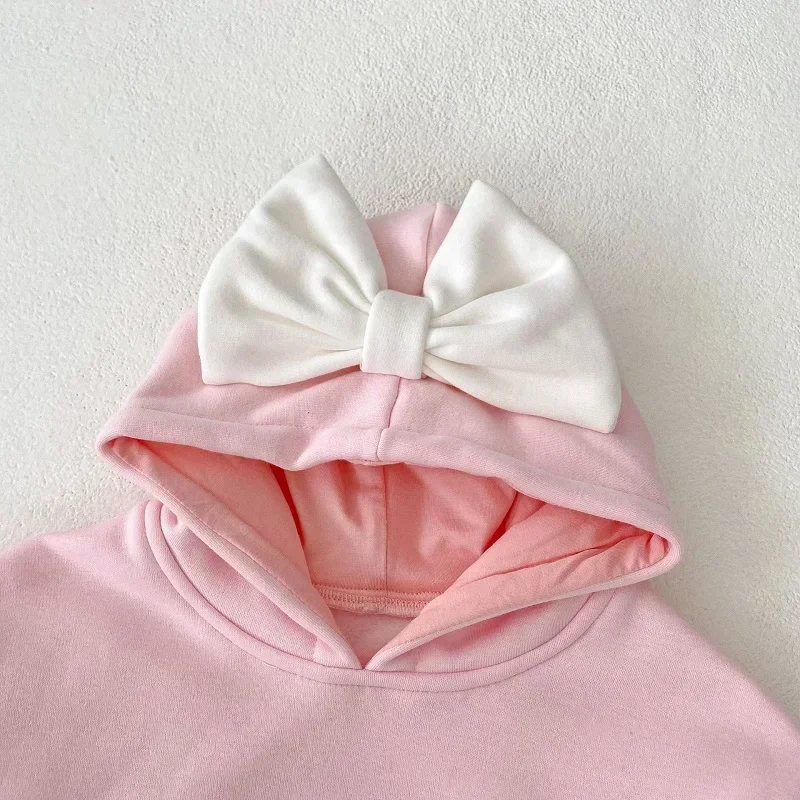 

Sweet Girl Winter Clothes 0-2Years Newborn Princess Long Sleeve Bow Hooded Fleece Romper Letter Thicken Warm One-Pieces Outwear