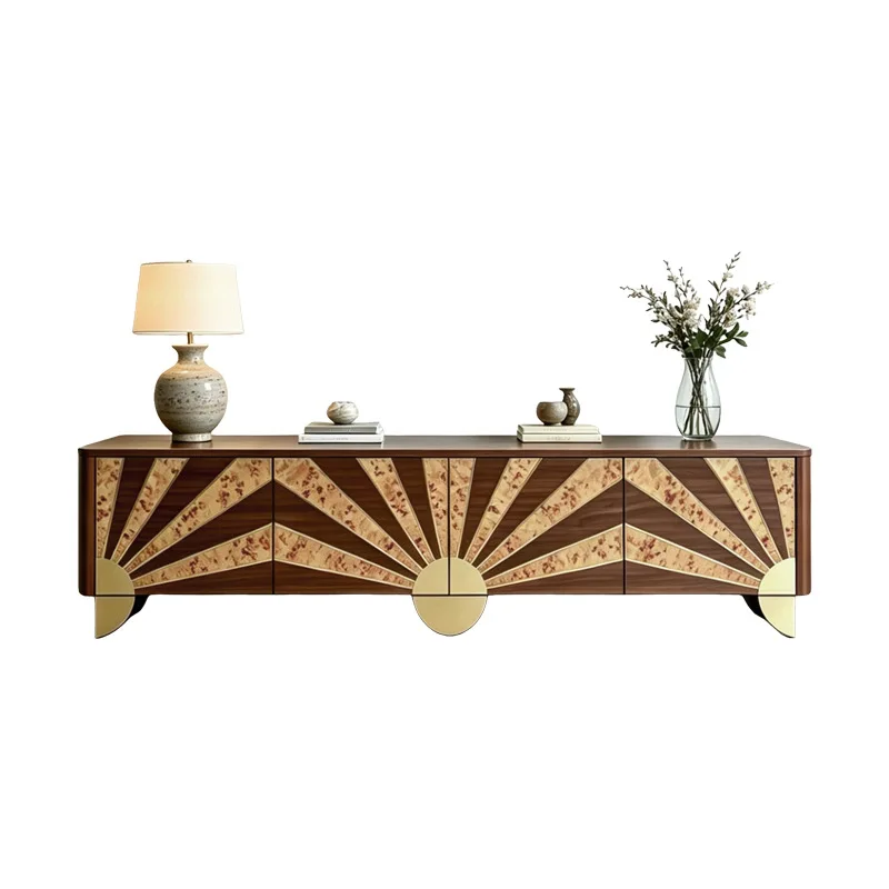 Medieval style parquet TV cabinet, household living room storage floor cabinet, light luxury style solid wood audio-visual