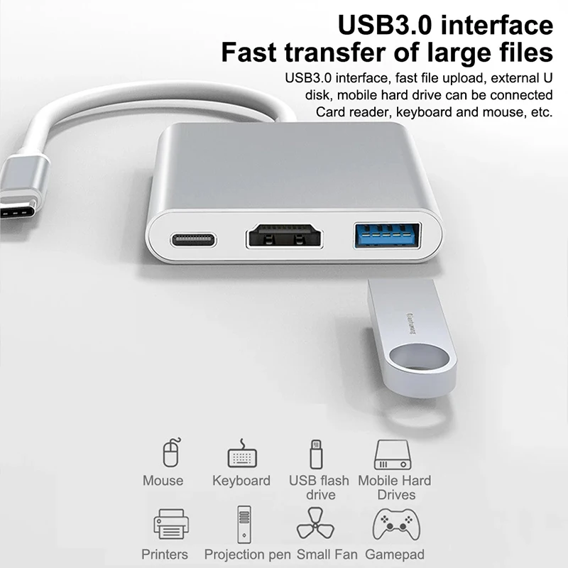 

USB-хаб 3-в-1 Type-C с поддержкой 4K HDMI HDTV и USB 3.1 для iPad Pro 2018-2020, Huawei, Samsung S8 Plus, планшетов и ПК.
