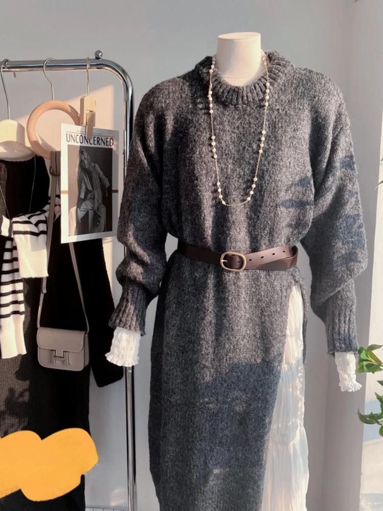 Winter Women Dress Oversize Dresses Knitting Fall Sweater Women Dress Long Sleeve Knitted Dresses Maxi Vintage Thick White Maxi