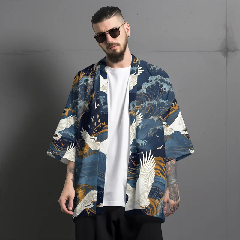 

Fashion Casual Cardigan Kimono 2025 Summer Beach Shirt Women Yukata Japanese Vintage style crane Print Haori Clothes