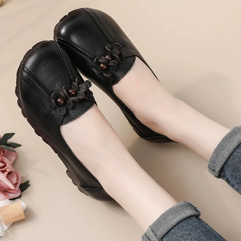 

2024 Vintage Floral Ballet Flats Women's Genuine Leather Shallow Shoes Mom Driving Loafers Ladies Cozy Moccasins Flats