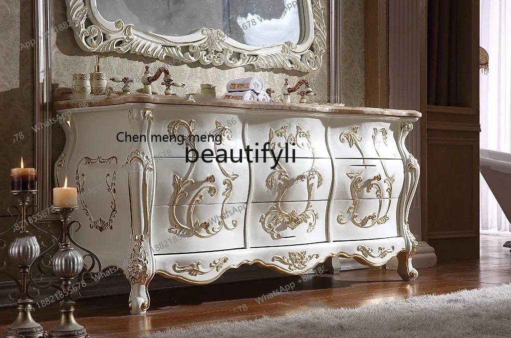 

M182 1cqyEuropean-Style Curved Oak Bathroom Cabinet Combination Solid Wood Hand Washing Bathroom Cabinet Double Basin Marble