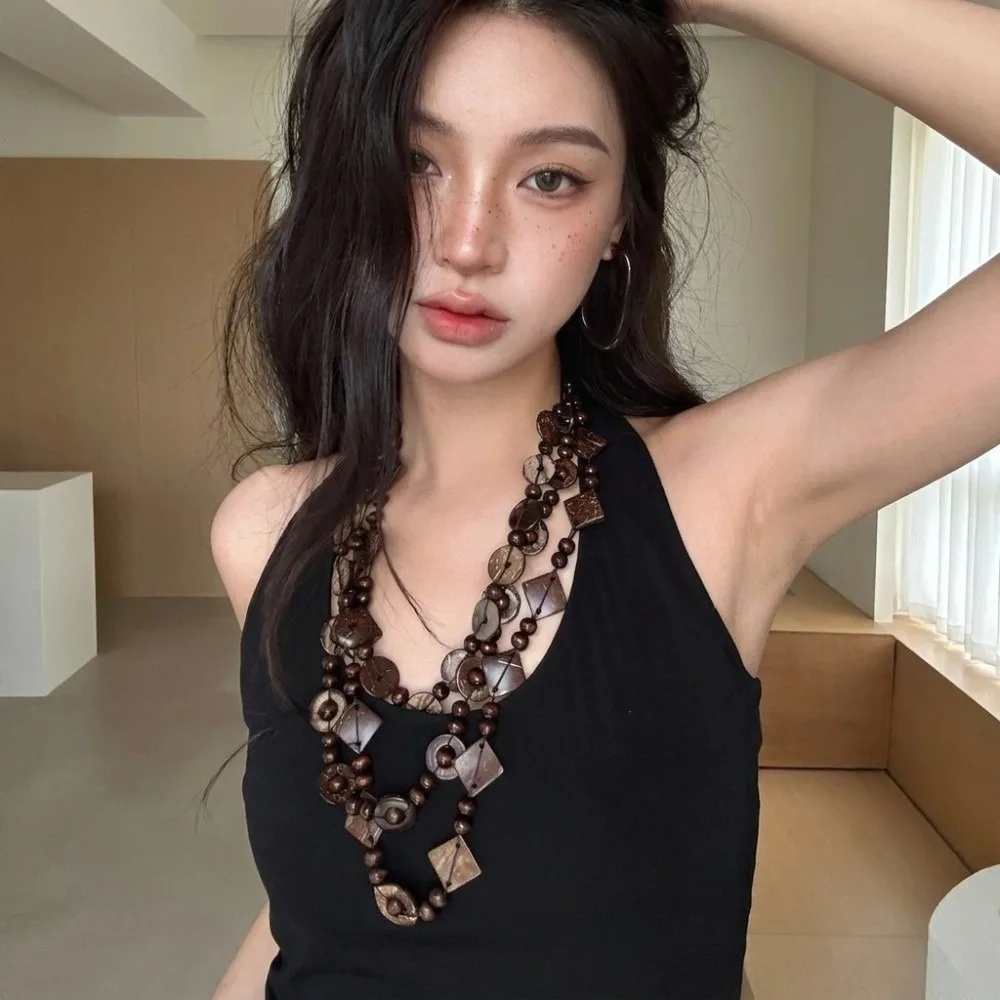 Vintage Coconut Shell Layered Necklace Geometric Wood Bead Long Necklace Round Square Sweater Chain Party