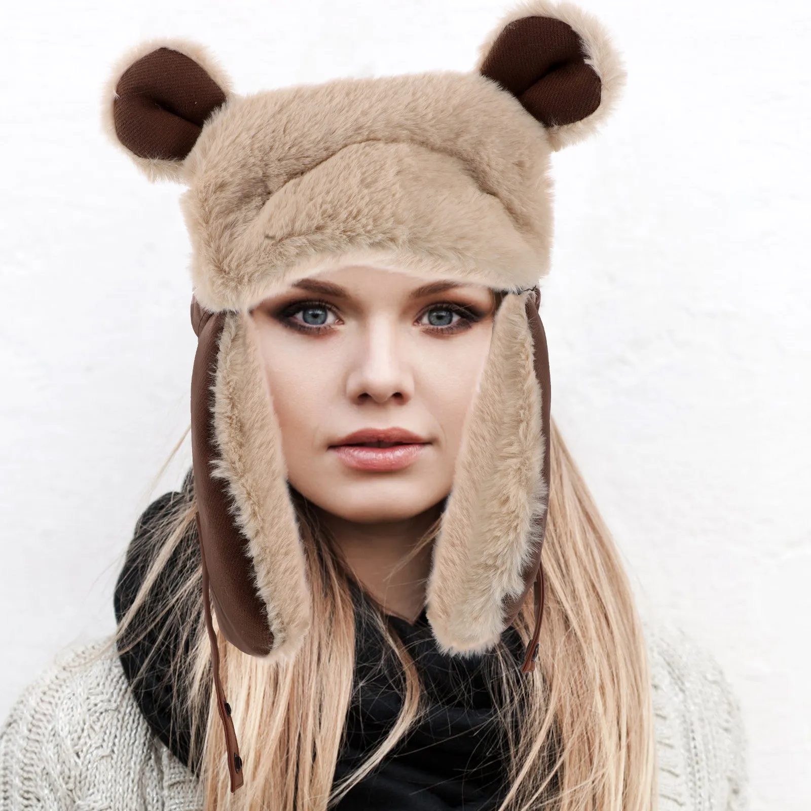 

Thick Warm Bear Ear Winter Hat with Protective Earflaps Unisex Thermal Beanie for Skiing Hiking Riding Hunting Outdoor Cold