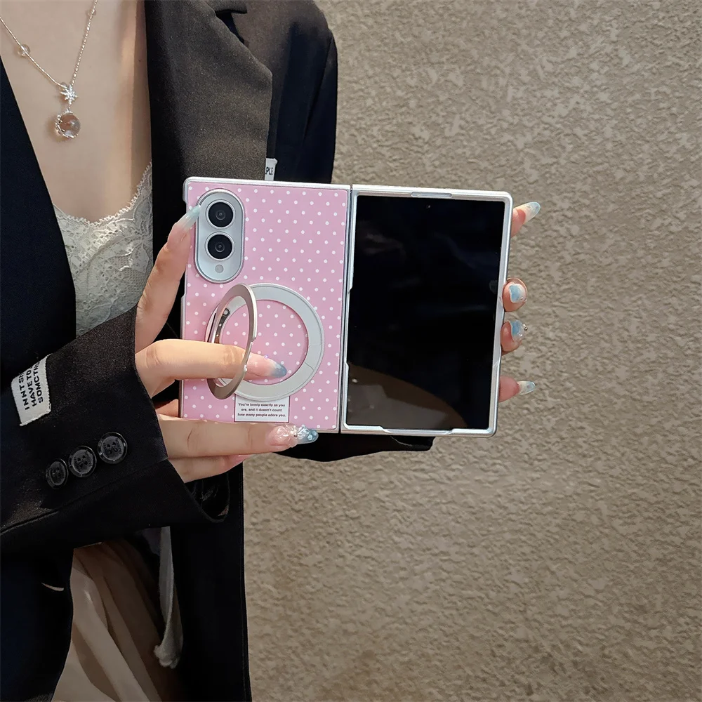 Retro Dots Print Magnetic Rotatable Ring Stand Cover For Samsung Galaxy Z Fold 8 Ultra Fold7 6 5 4 Hard PC Hinge Protector Cases