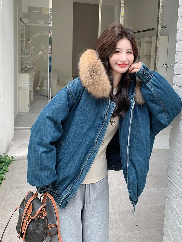 여성용 오르트 두 다운 재킷 캐주얼 루즈핏 따뜻한 데님 코트 리얼 퍼 칼라 겨울 아우터웨어 지퍼 케트