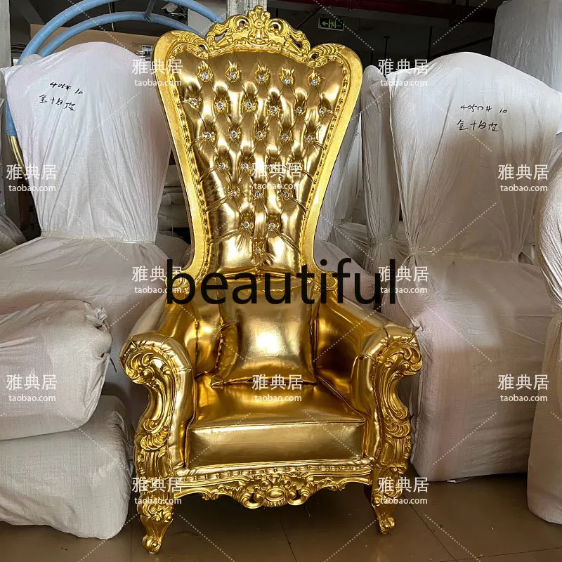 European gold leather high back chair  lobby image chair neoclassical solid wood carving flower decoration gold foil sofa chair