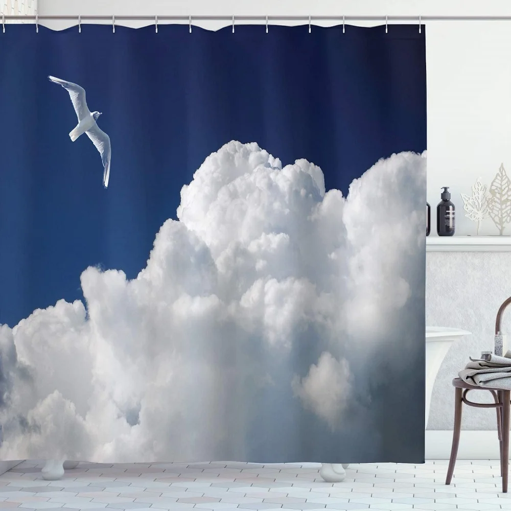 3D Seagulls Shower Curtain Fluffy Cloudy Sky and Flying Bird Sunny Scenic Image Fabric Bath Curtains Bathroom Decor with Hooks