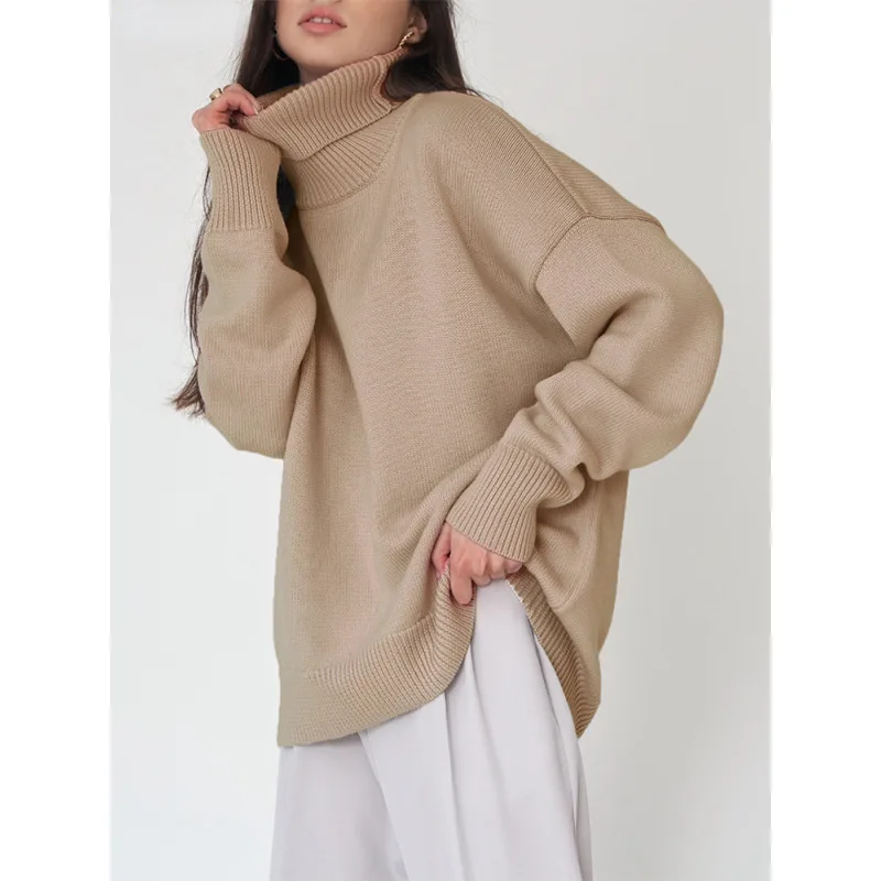 High neck sweater for women 2024 and American autumn and winter loose sweater, classic and versatile solid color pullov