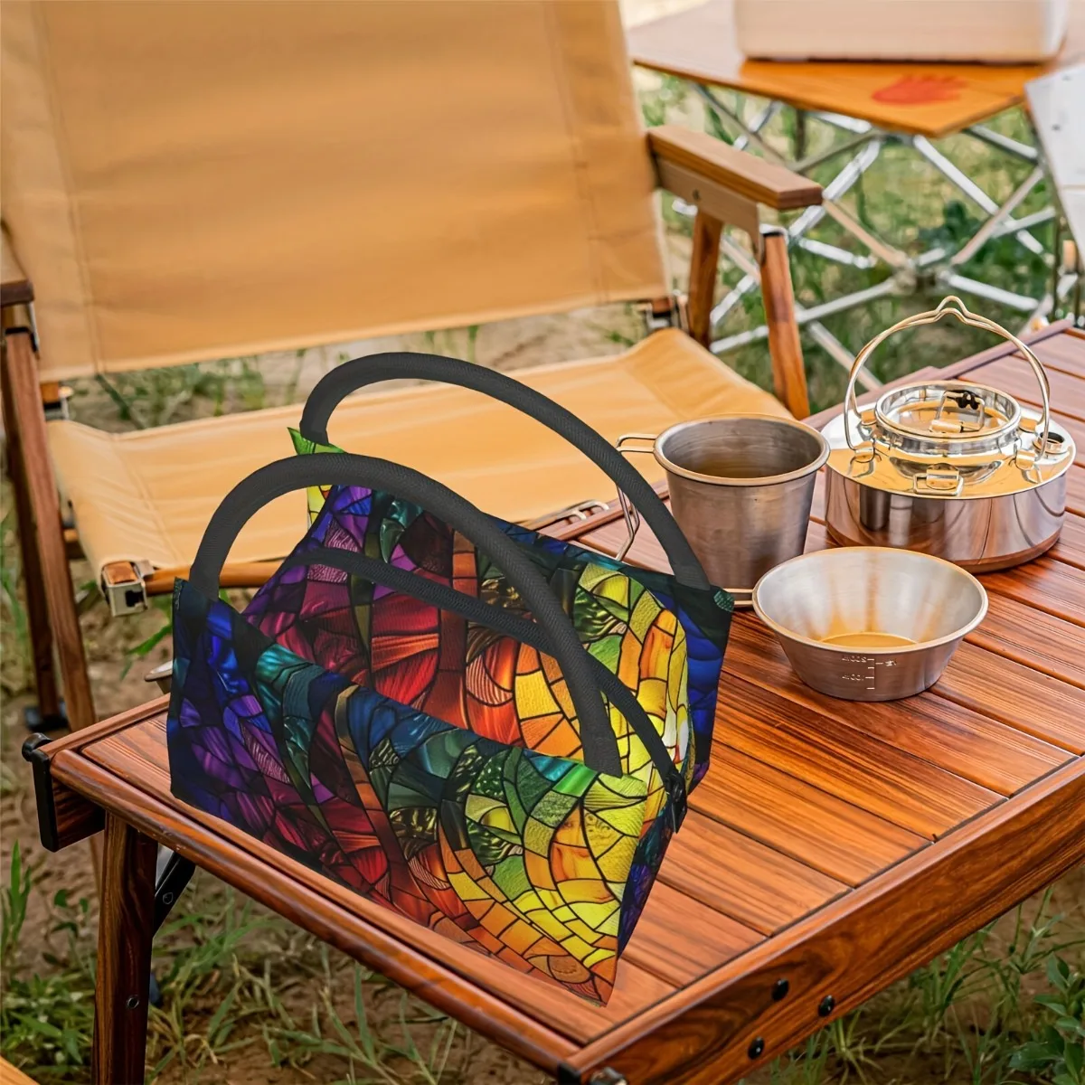 حقيبة غداء معزولة مستوحاة من الزجاج الملون - حقيبة حرارية مانعة للتسرب وقابلة لإعادة الاستخدام مع يجب اقتناؤها للتخييم