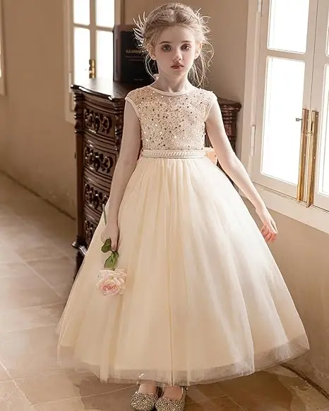 

Snvdzo Girls Sequin Tulle Dress Formal Pageant Sparkly With Bow For Wedding Birthday Evening Party Banquet Princess Gown 2026