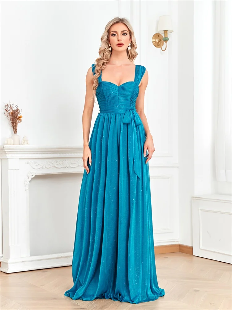 Elegant U-neck Blue Floor Length Evening Dresses luxury sleeveless A-line Bridesmaid Party Cocktail Gowns