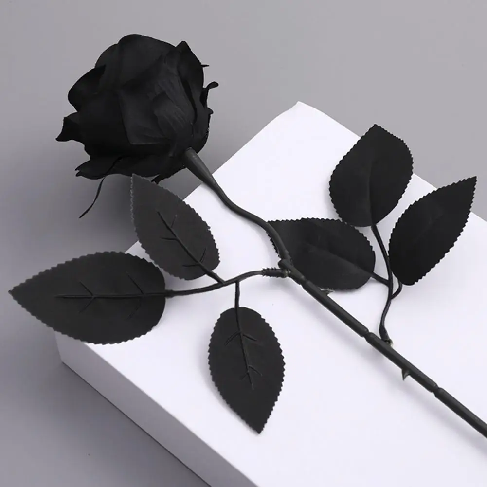 

Dark Flower Decor Realistic Black Rose Silk Flower Arrangement for Halloween Home Office Decor Artificial Faux Floral Branch