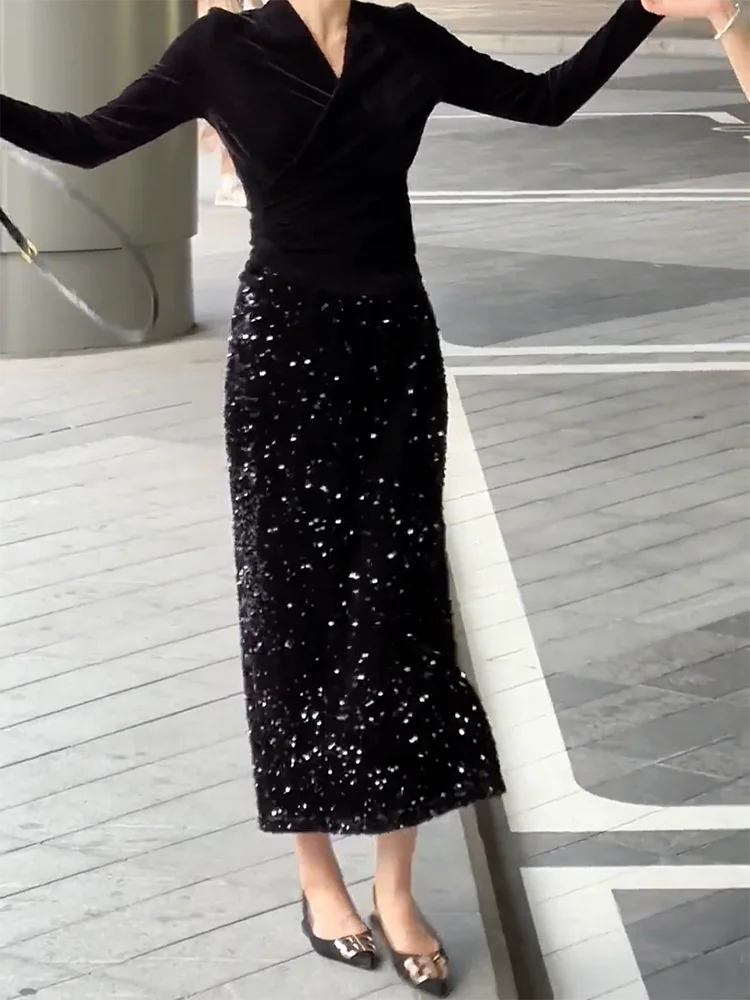 

Slimming Mid-Length Retro Sle Ba Split Bodycon Skirt iny Bla f-length Faionable Women's Skirts Autumn New Arrival