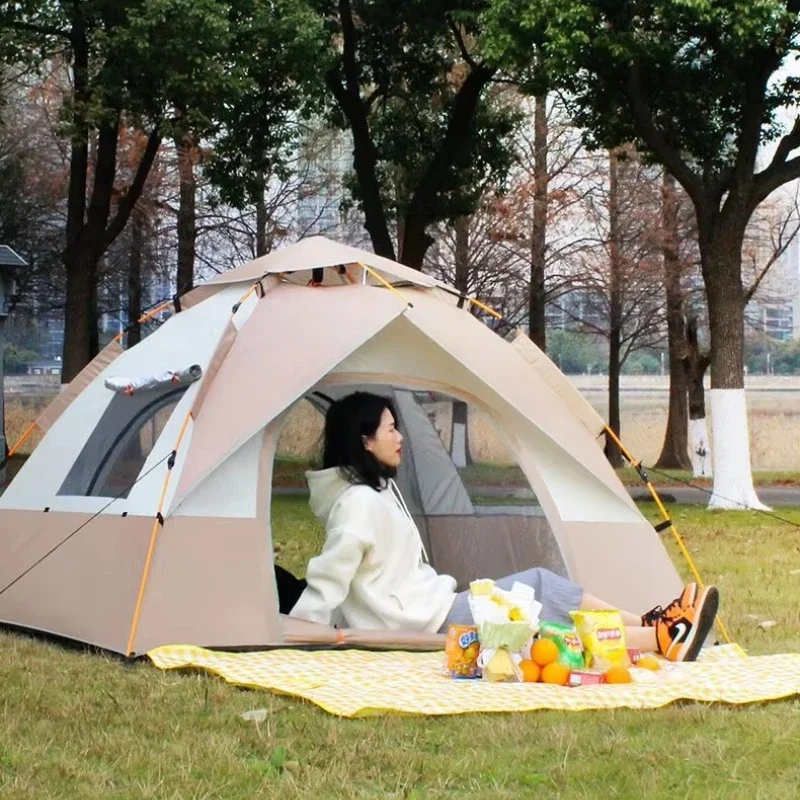 Automatic 4-person single-story, bounce tent for summer camping, waterproof Oxford, pole for outdoor adventure