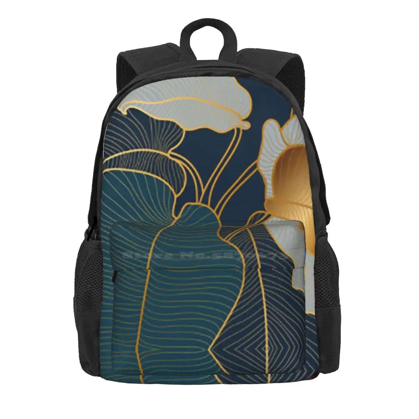 Art Deco Leaves Hot Sale Schoolbag Backpack Fashion Bags Abstract Blue Botanical Classic Elegant Exotic Floral Green Leaf