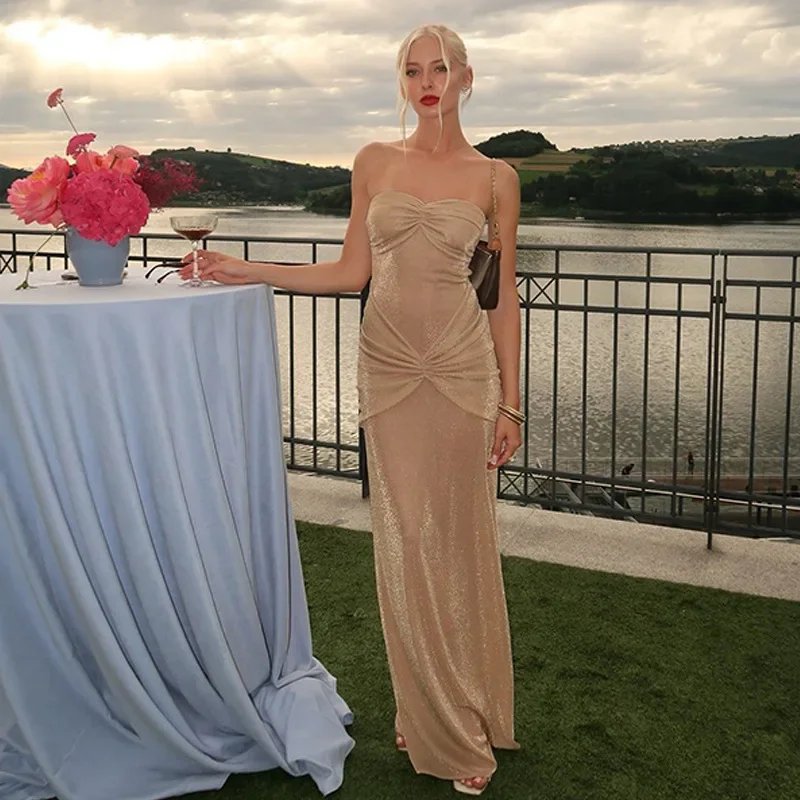

Glitter Strapless Mermaid Maxi Evening Party Dress Women Sexy Ruched Backless Slim Banquet Birthday Long Robe Vacation Vestidos