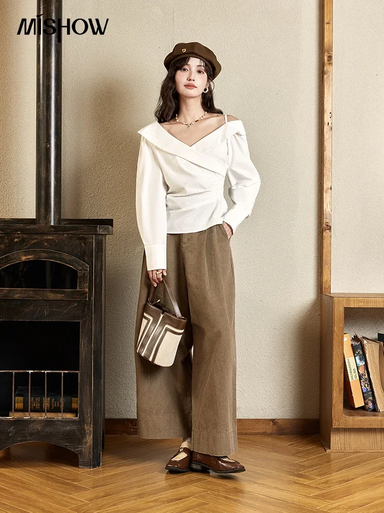 MISHOW Cross V-neck Off Shoulder Long Sleeve Shirt for Women Autumn 2024 100 Cotton Sloping Shoulders Pleats Shirts MXD44C0347