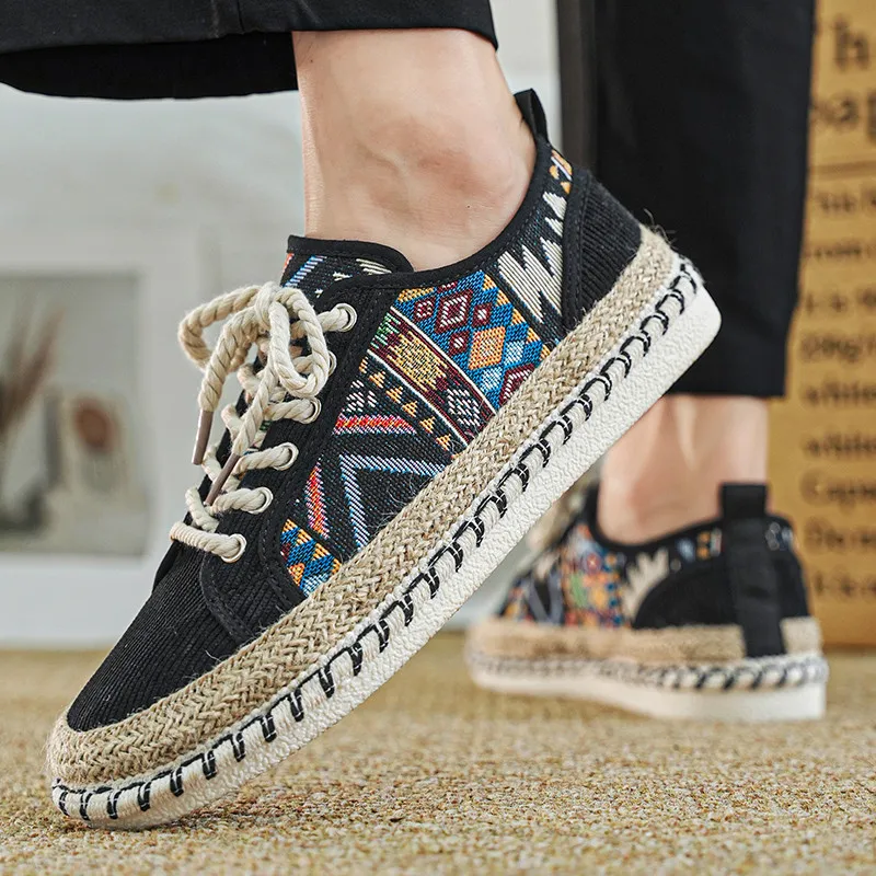 New Fashion Printed Men's Summer Shoes Comfortable Flat Canvas Shoes Men Lace-up Fisherman Shoes Casual Men Espadrilles Hommes