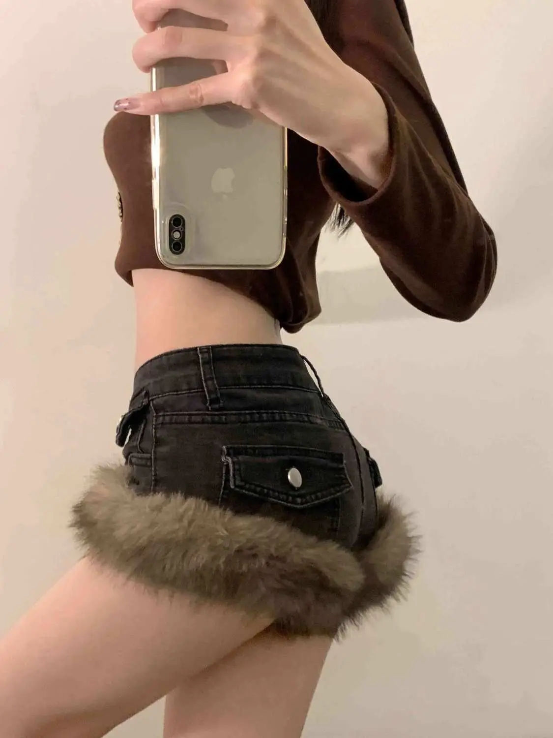 Summer Women's Plush Splicing A-line Sexy Denim Shorts Y2k Cool Girl Mini Trousers Female Fashion Wide Leg Hot Pants
