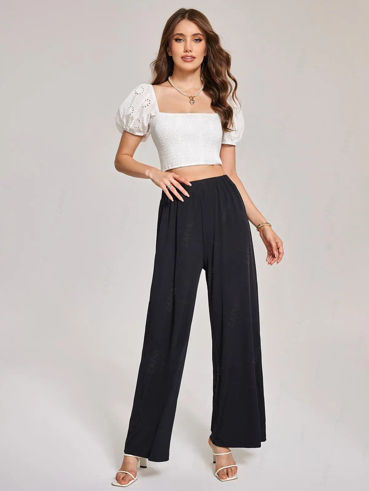 ZAFUL Women's Daily Casual Solid Color Ribbed High Waisted Wide Leg Pull On Pants