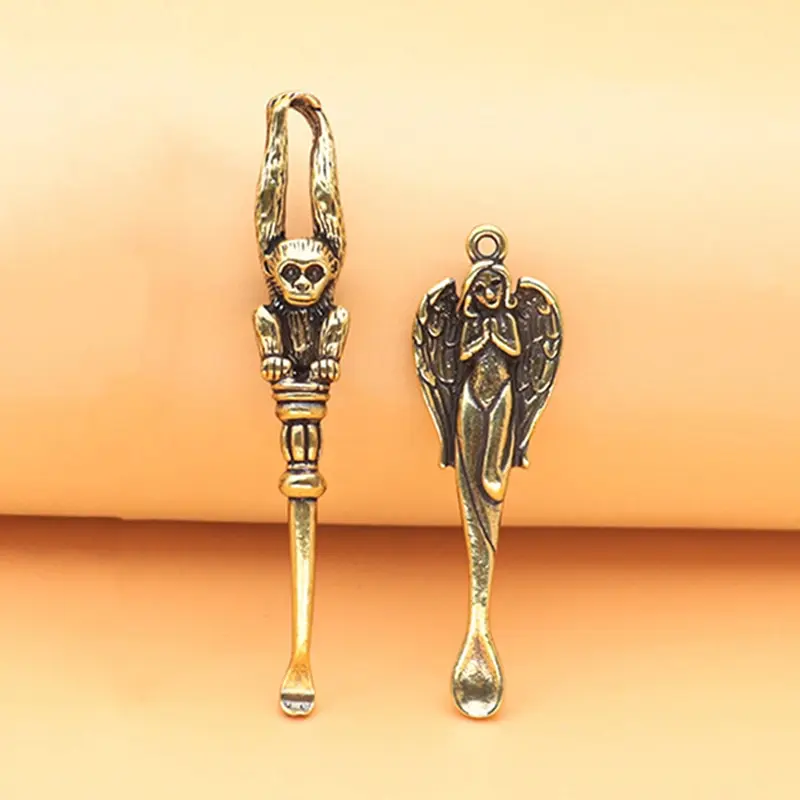 Retro Brass Ear Spoon Keychains Pendants Lovely Mini Angel/Monkey Shape Multifunction Ear Pick to Clear Cerumen Vintage Key Ring